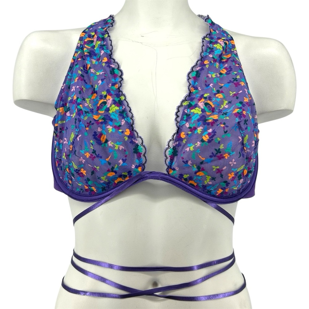 NWT Savage x Fenty Steamy Floral Unlined Lace Bra Purple Royale Romance In Bloom - Picture 5 of 15